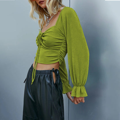 Damen Cropped Langarmshirt Rüschen-Design Knoten-Detail