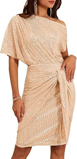 Damen Wickelkleid Asymmetrischer Schnitt Glitzernde Pailletten