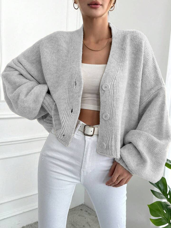 Damen Grobstrickcardigan Lässig Knöpfe Voluminöse Ärmel Beige
