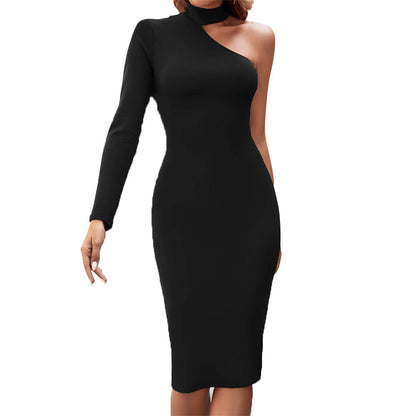 Damen Asymmetrisches Midi-Kleid Langarm Stehkragen