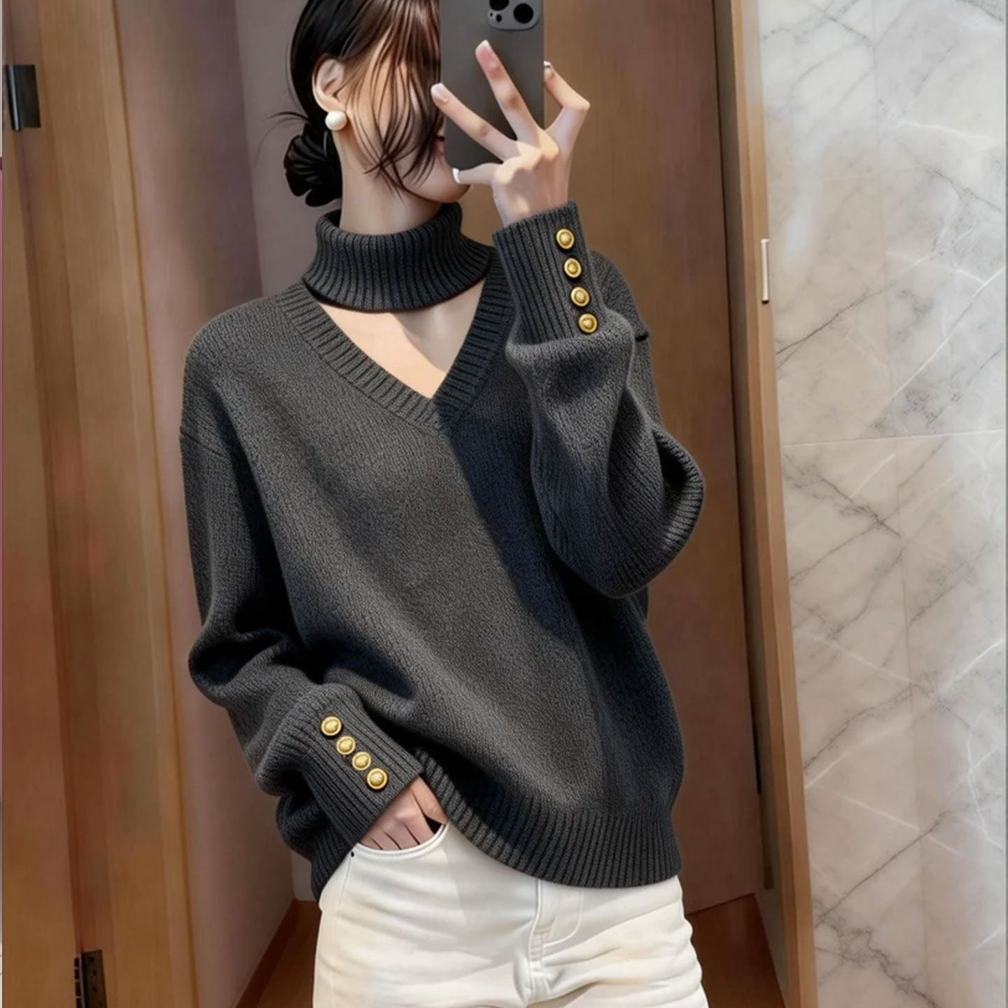 Damen Strickpullover Rollkragen Knöpfe Eveloria