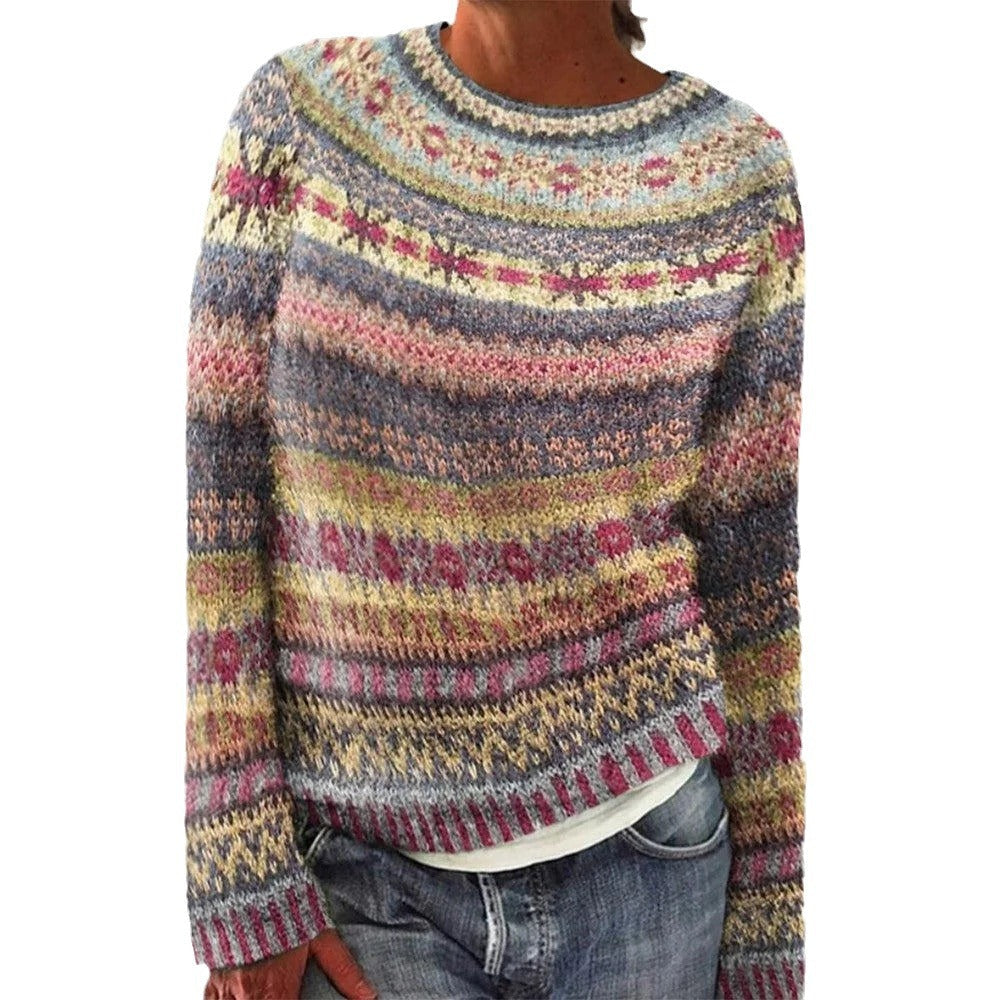 Damen Strickpullover Bunt Muster Lässig Eveloria