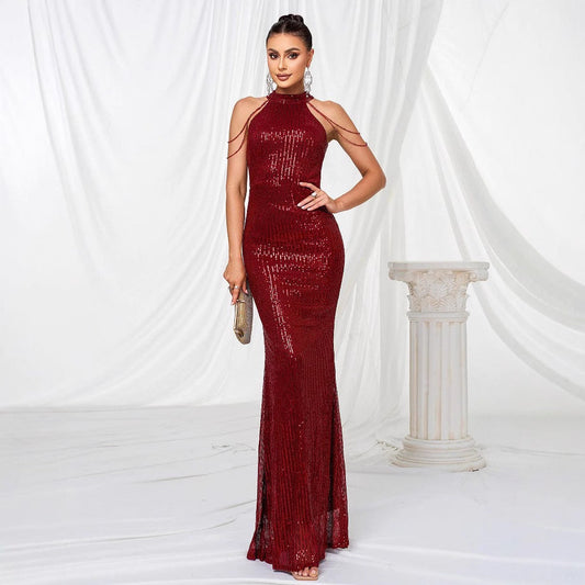 Eveloria Damen Abendkleid Langarm Pailletten Hochkragen Schwarz - Eveloria