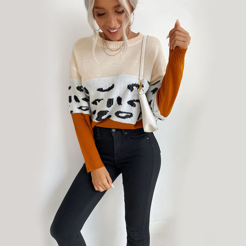Damen Strickpullover Farbblock-Design Tiermuster