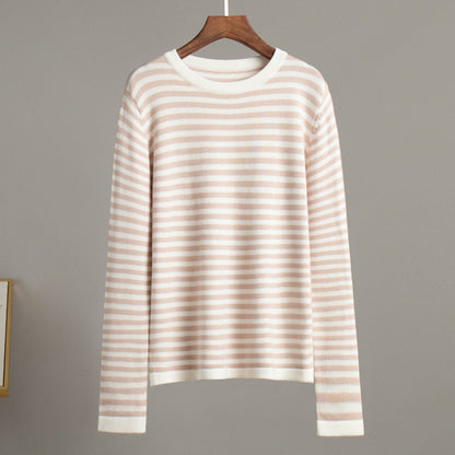 Damen Langarmpullover Weiches Streifenmuster Baumwollmix weiß