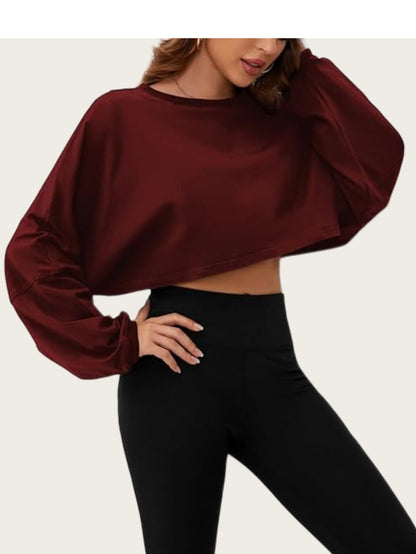 Damen Cropped Sweatshirt Voluminöse Ärmel Lässiger Schnitt Grau