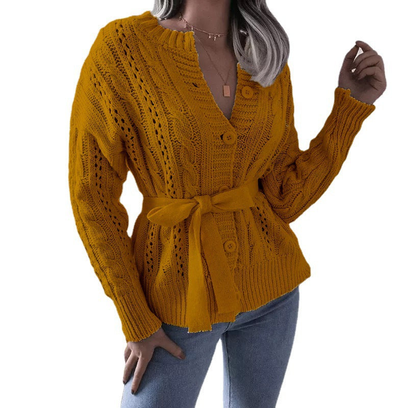 Damen Strickjacke Zopfmuster Taillengürtel Beige