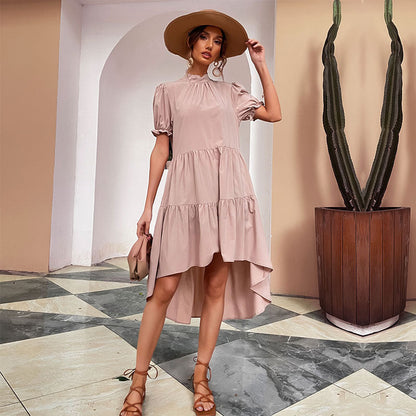 Damen Sommerkleid Puffärmel Asymmetrisch