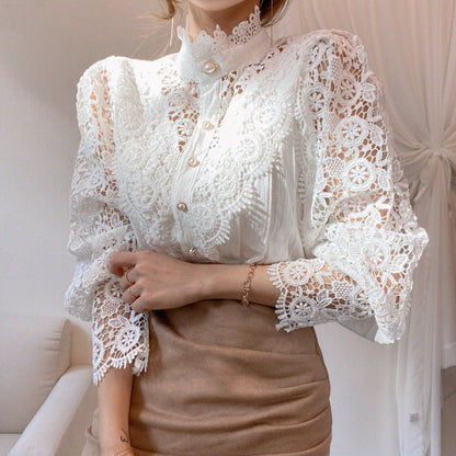 Damen Spitzenbluse Hochkragen Elegant Weiß