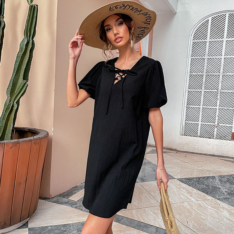 Damen Freizeitkleid mit Schnürung und Puffärmeln Eveloria