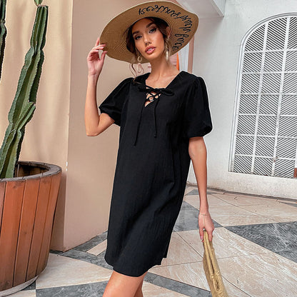 Damen Freizeitkleid mit Schnürung und Puffärmeln Eveloria