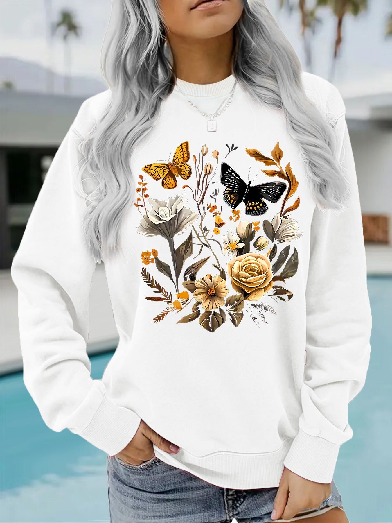 Damen Sweatshirt Floraler Druck Lässig Beige