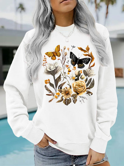 Damen Sweatshirt Floraler Druck Lässig Beige