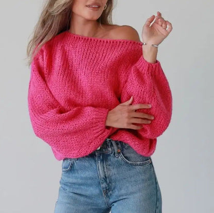 Damen Strickpullover Voluminöse Ärmel Offene Schulter Beige