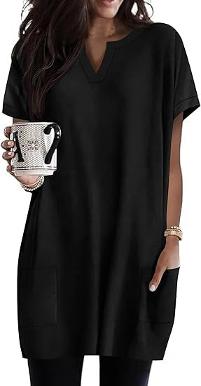 Damen Tunika-Kleid V-Ausschnitt Taschen Eveloria