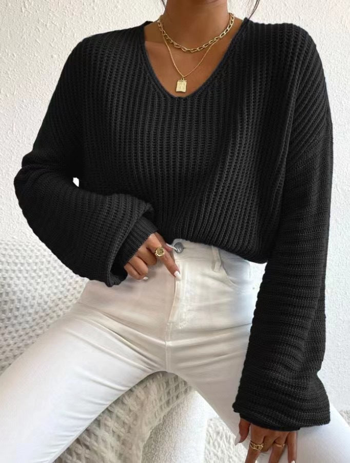 Damen Strickpullover Luftiger V-Ausschnitt Langer Ärmel Beige