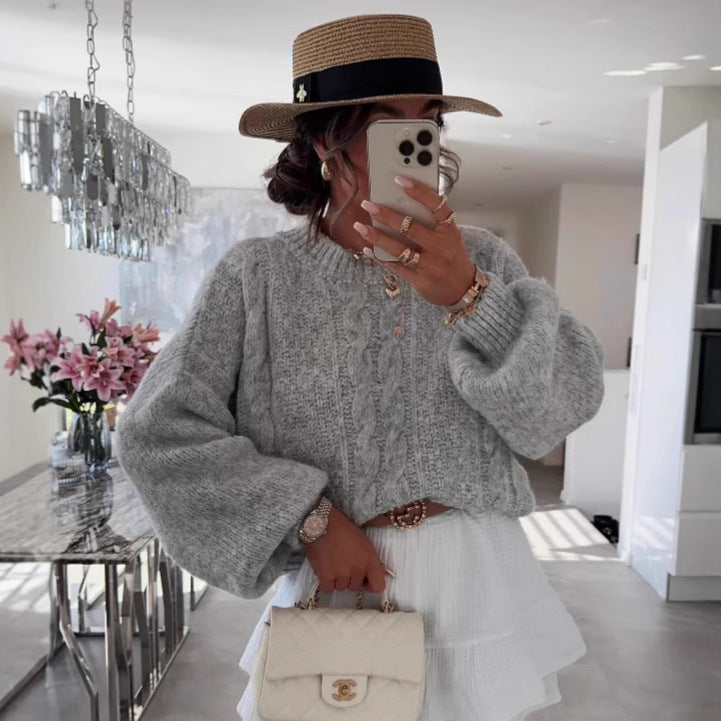 Damen Grobstrickpullover Voluminöse Ärmel Zopfmuster