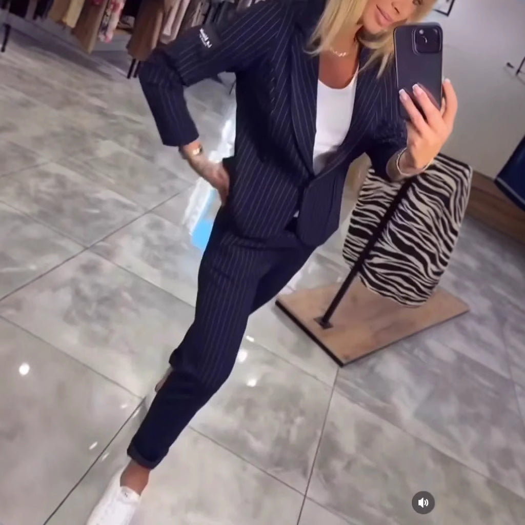 Damen Blazer Ensemble Streifen Tailliert Eveloria