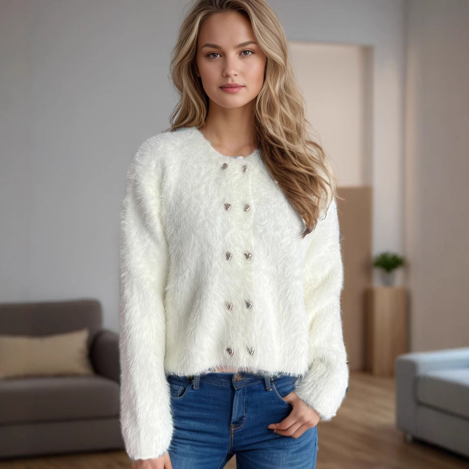 Damen Bolero Weich Gestrickt Herzknöpfe
