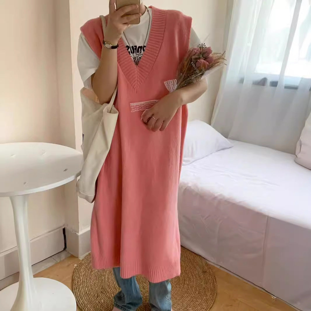 Damen Strickkleid V-Ausschnitt Seitenschlitz Eveloria