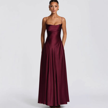 Damen Maxikleid Satin Spaghetti-Träger Eleganz