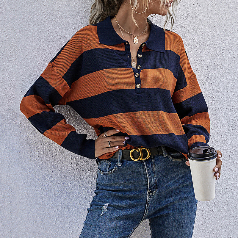 Damen Oversized Pullover Streifenmuster Knopfleiste