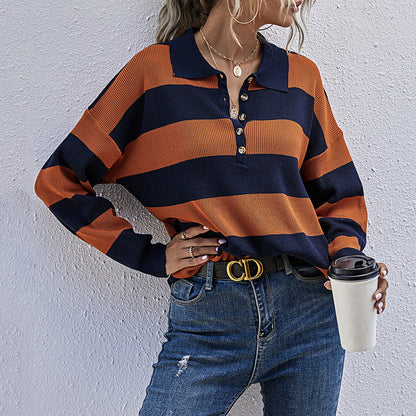 Damen Oversized Pullover Streifenmuster Knopfleiste