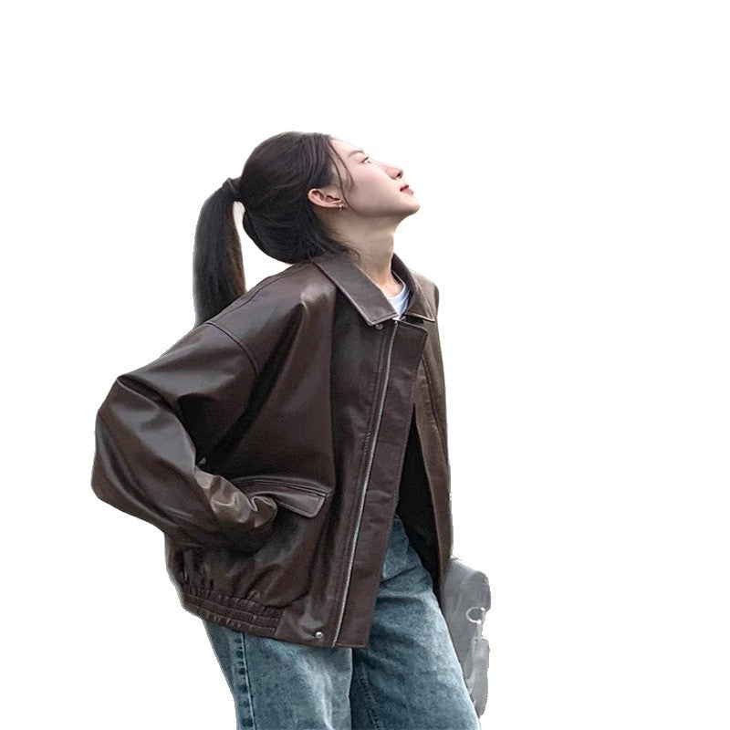 Damen Lederjacke Oversized Ärmel Elastischer Saum Eveloria