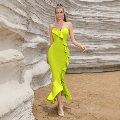 Damen Maxikleid Rüschen Hochschlitz Eveloria - Eveloria