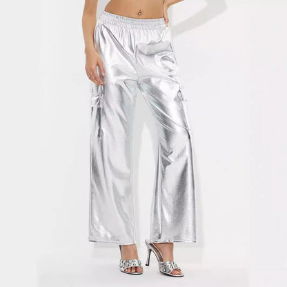 Damen Cargo-Hosen Metallic-Look Elastischer Bund Glänzend