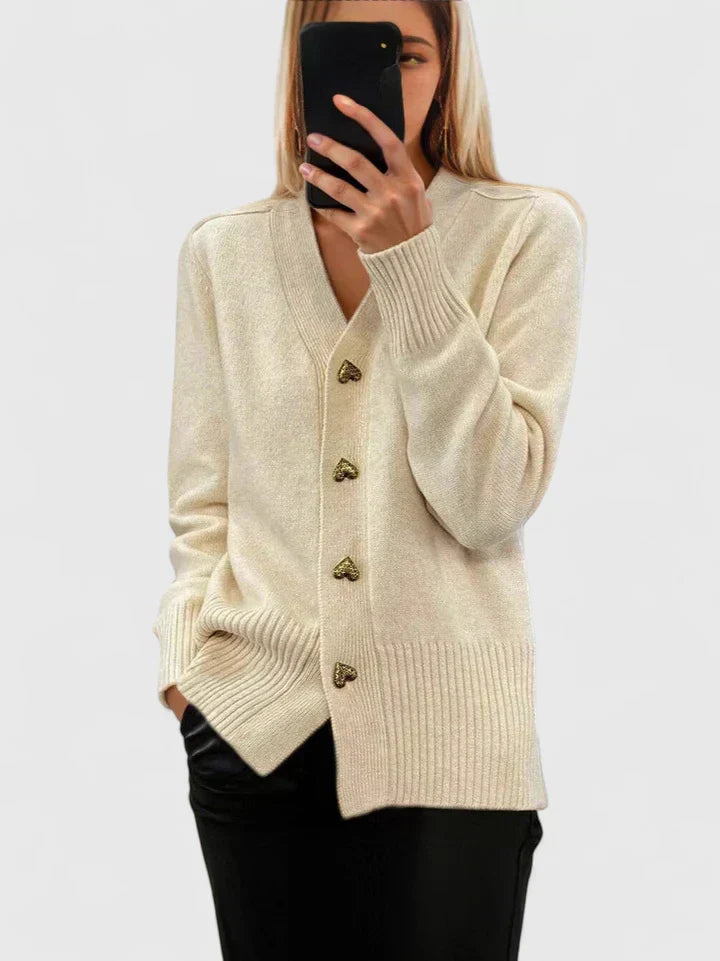 Damen Strickcardigan Weich Herzknöpfe Beige