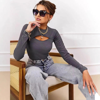 Damen Langarmshirt Feine Rippstruktur Kreativer Ausschnitt