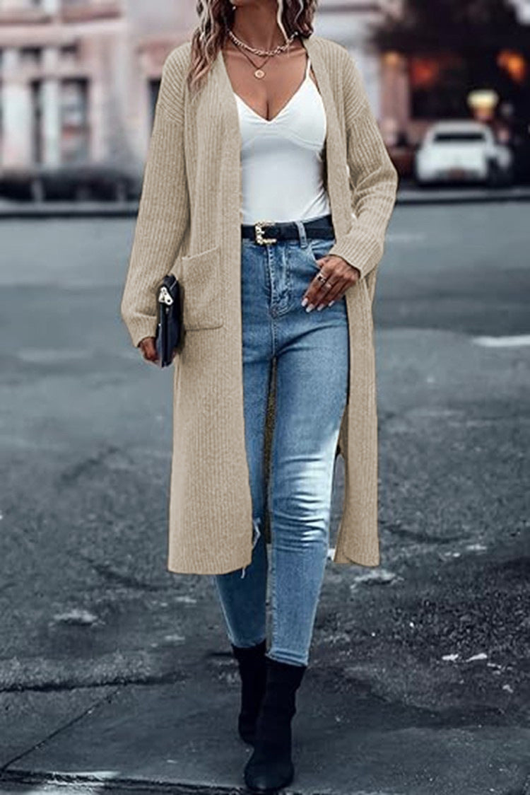 Damen Grobstrick-Cardigan Offene Taschen Lässiger Schnitt Beige