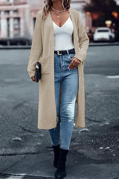 Damen Grobstrick-Cardigan Offene Taschen Lässiger Schnitt Beige