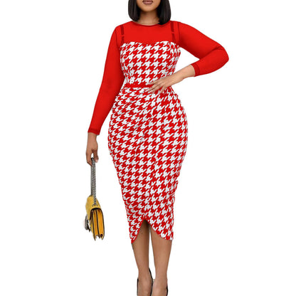 Damen Kleid Langarm Hahnentritt-Design Eveloria