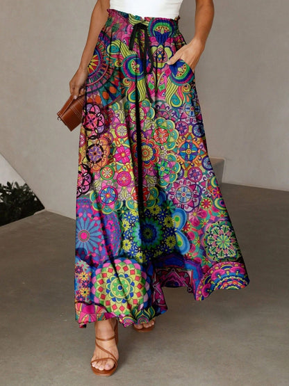 Damen Maxirock Bunt Mandala Muster Seitentaschen