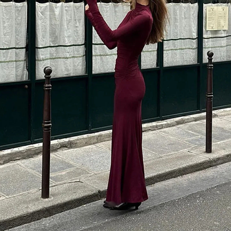 Damen Maxikleid Langarm Figurformend Elegant Rollkragen