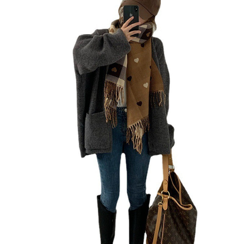 Damen Oversized Strickjacke V-Ausschnitt mit Taschen