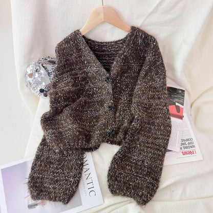 Damen Strickjacke Luftig Ballonärmel Zarte Knöpfe Beige