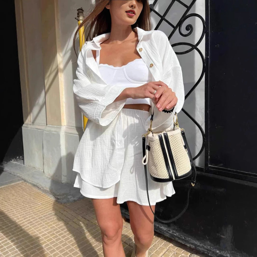 Damen Kurzarm Kombi Set Knopf Oberteil Bequeme Shorts