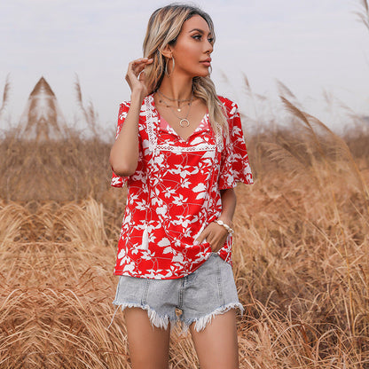 Damen Bluse Florales Muster V-Ausschnitt Elegante Bluse