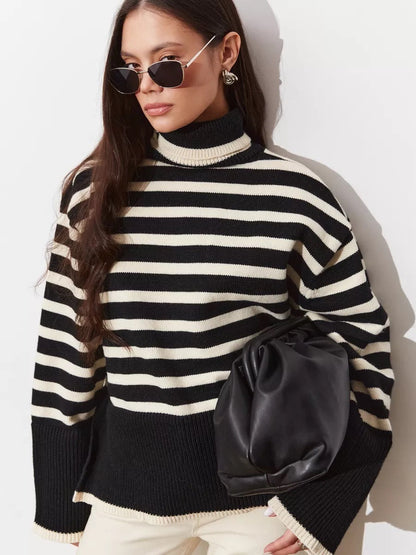 Damen Pullover Grobgestrickt Breton-Streifen Hochkragen Beige