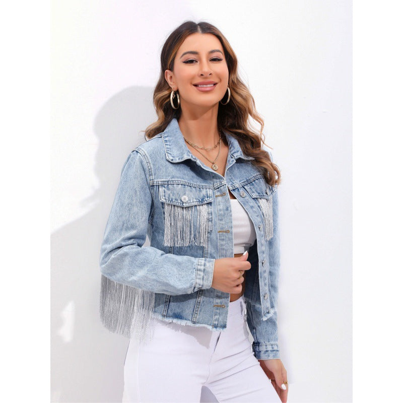 Damen Denimjacke Fransen Blau Eveloria