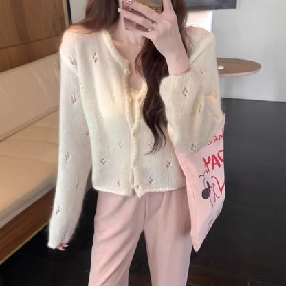 Damen Strickjacke Blütenmuster Elegant Knöpfe Beige