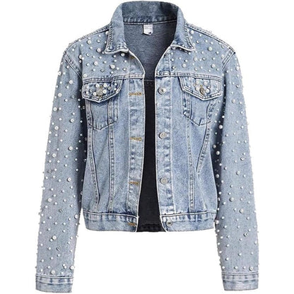 Damen Denimjacke Perlenverzierungen Blau Eveloria
