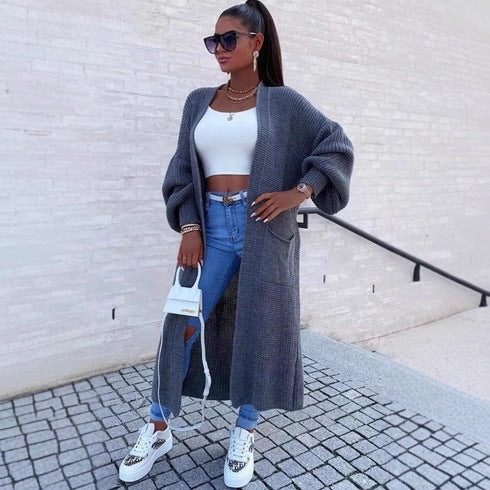 Damen Strickmantel Lang Weite Ärmel Taschen Beige
