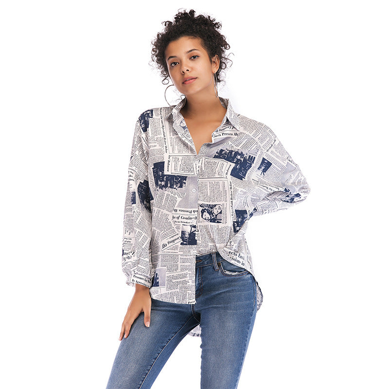 Damen Hemdbluse Zeitungsdruck Oversized Schnitt