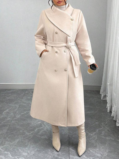 Damen Wollmantel Elegant Doppelter Knopfleiste Gürtel Eveloria