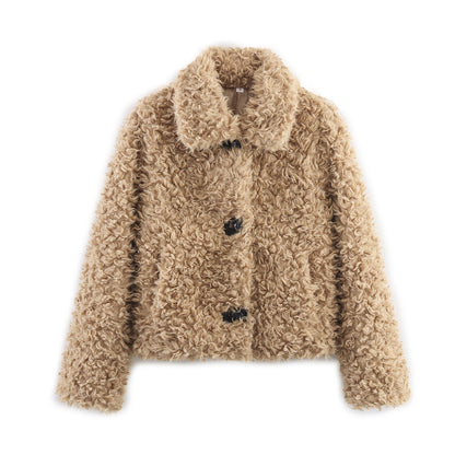 Damen Teddyjacke Kuschelig Knopfverschluss Beige Eveloria