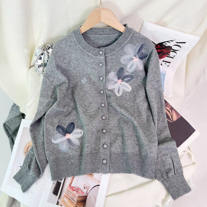 Damen Strickjacke Floralmuster Knopfverschluss Eveloria
